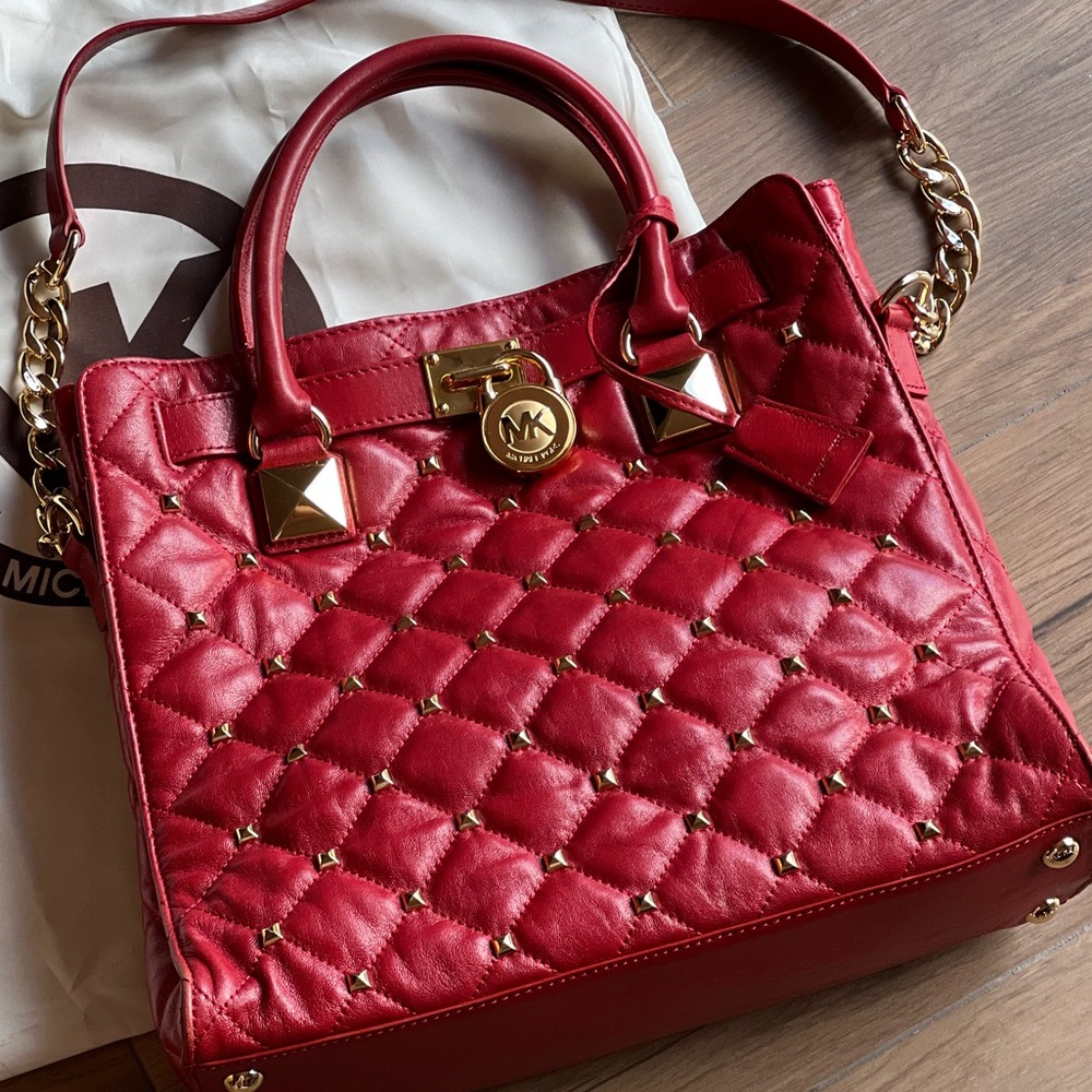 Michael Kors Red Leather Studded Quilted Hamilton Tote Bag